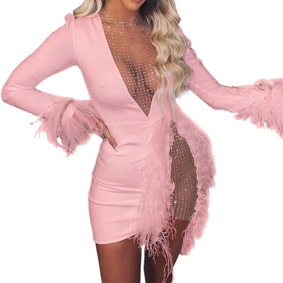 THIINK VINTAGE ONLINE Dresses & Skirts - 💕 BIRTHDAY BADDIE PINK FEATHER DEEP V DRESS *NEW*